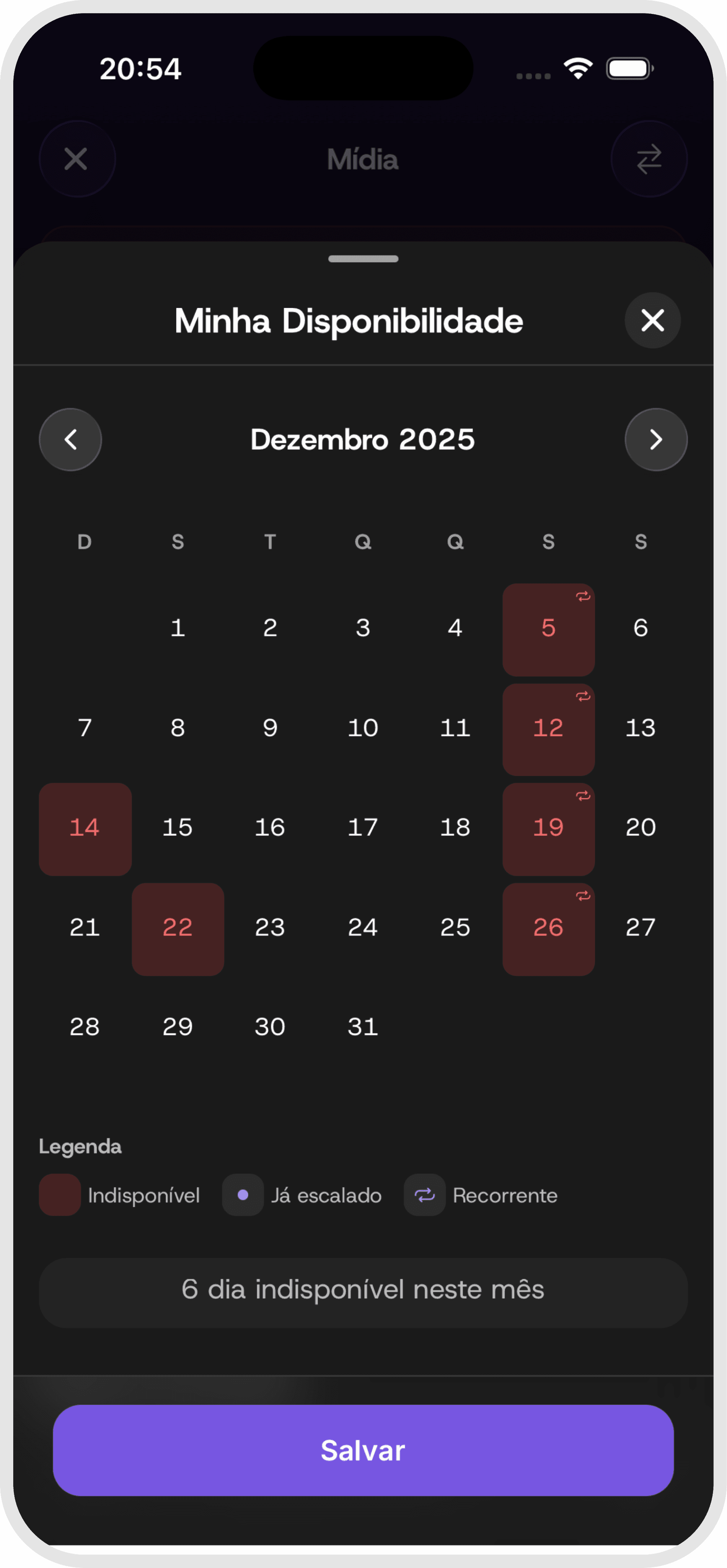 App availability screen with a calendar