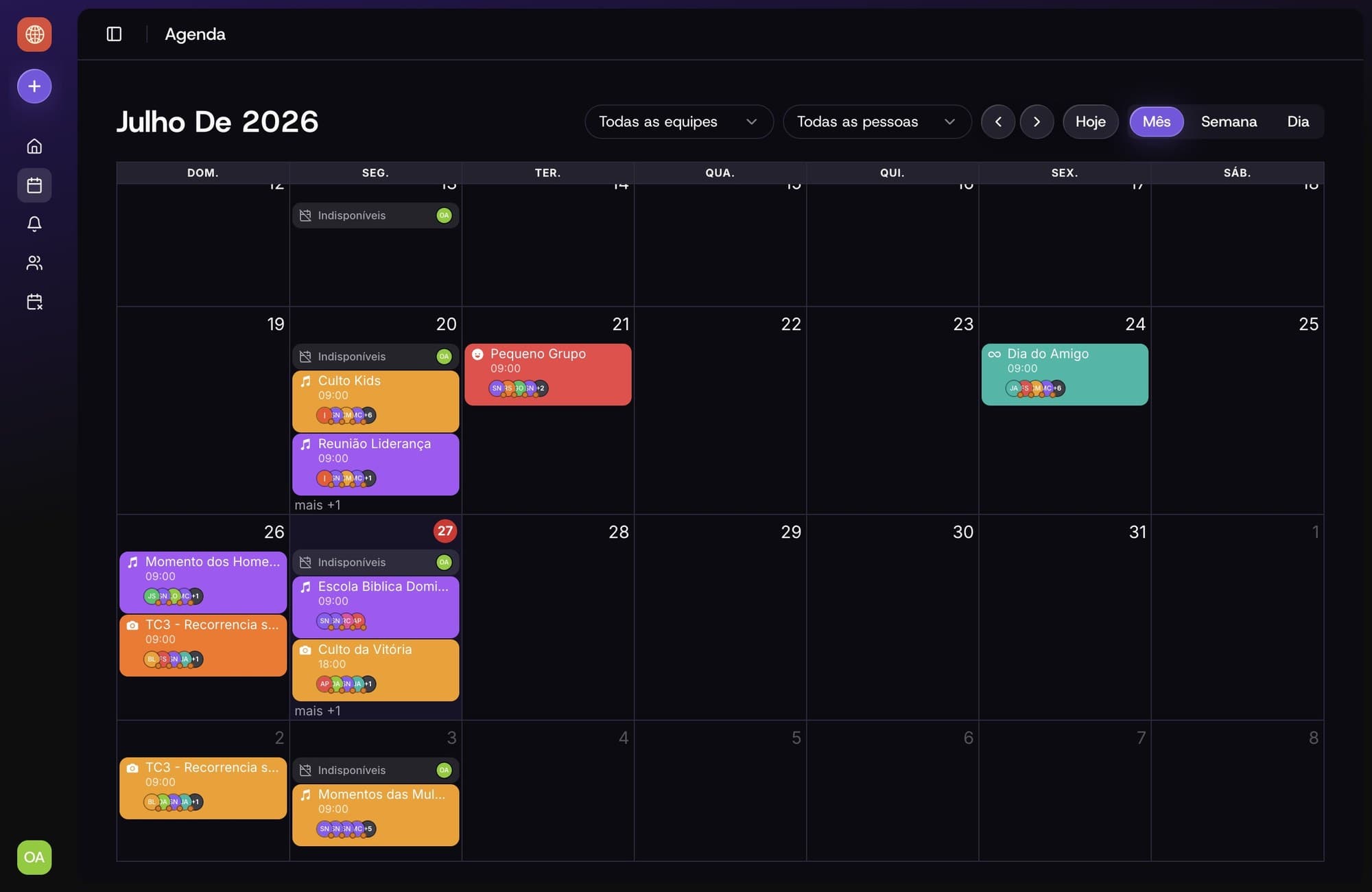 Escala Church web dashboard showing the monthly agenda with services and schedules