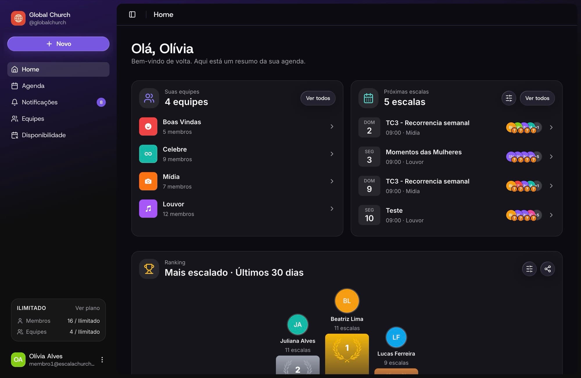 Escala Church web dashboard with teams, upcoming schedules and ranking