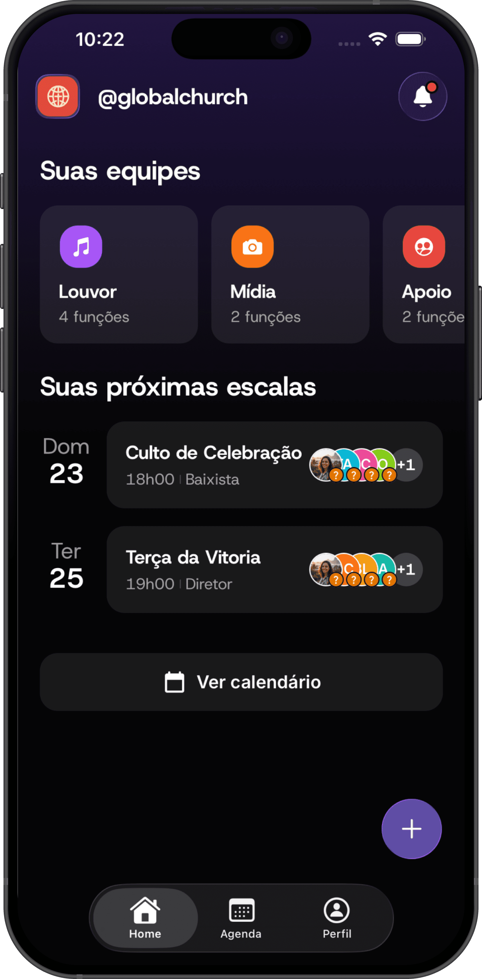 Escala Church app showing teams and upcoming schedules