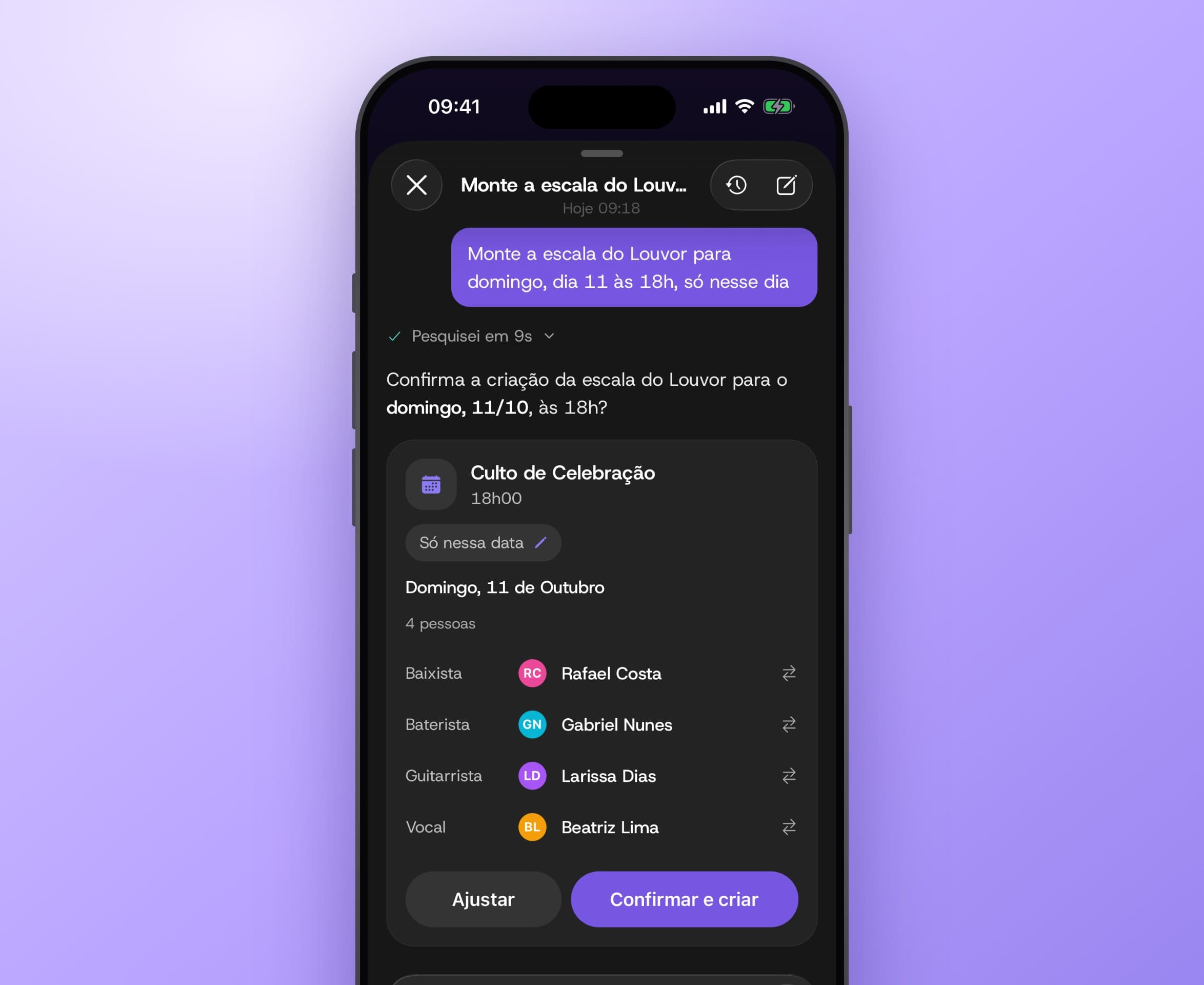 App Escala Church con el Asistente de IA proponiendo una programación para confirmar