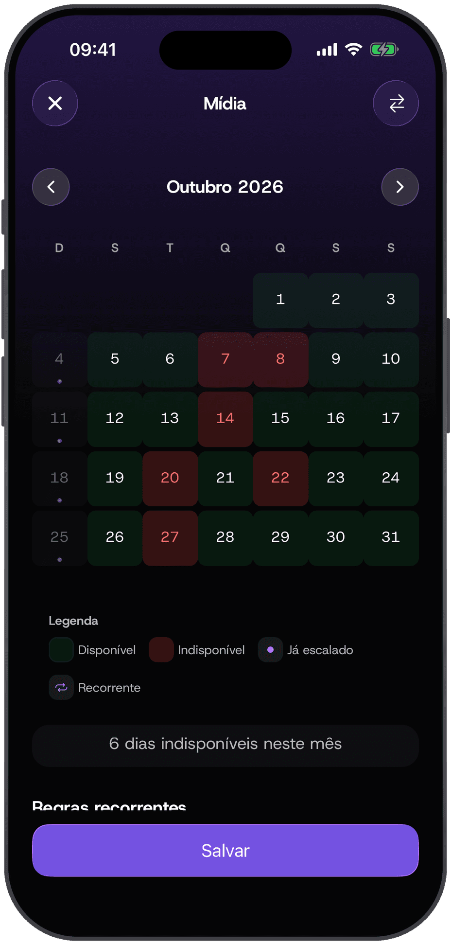 Pantalla de disponibilidad de la app con el calendario
