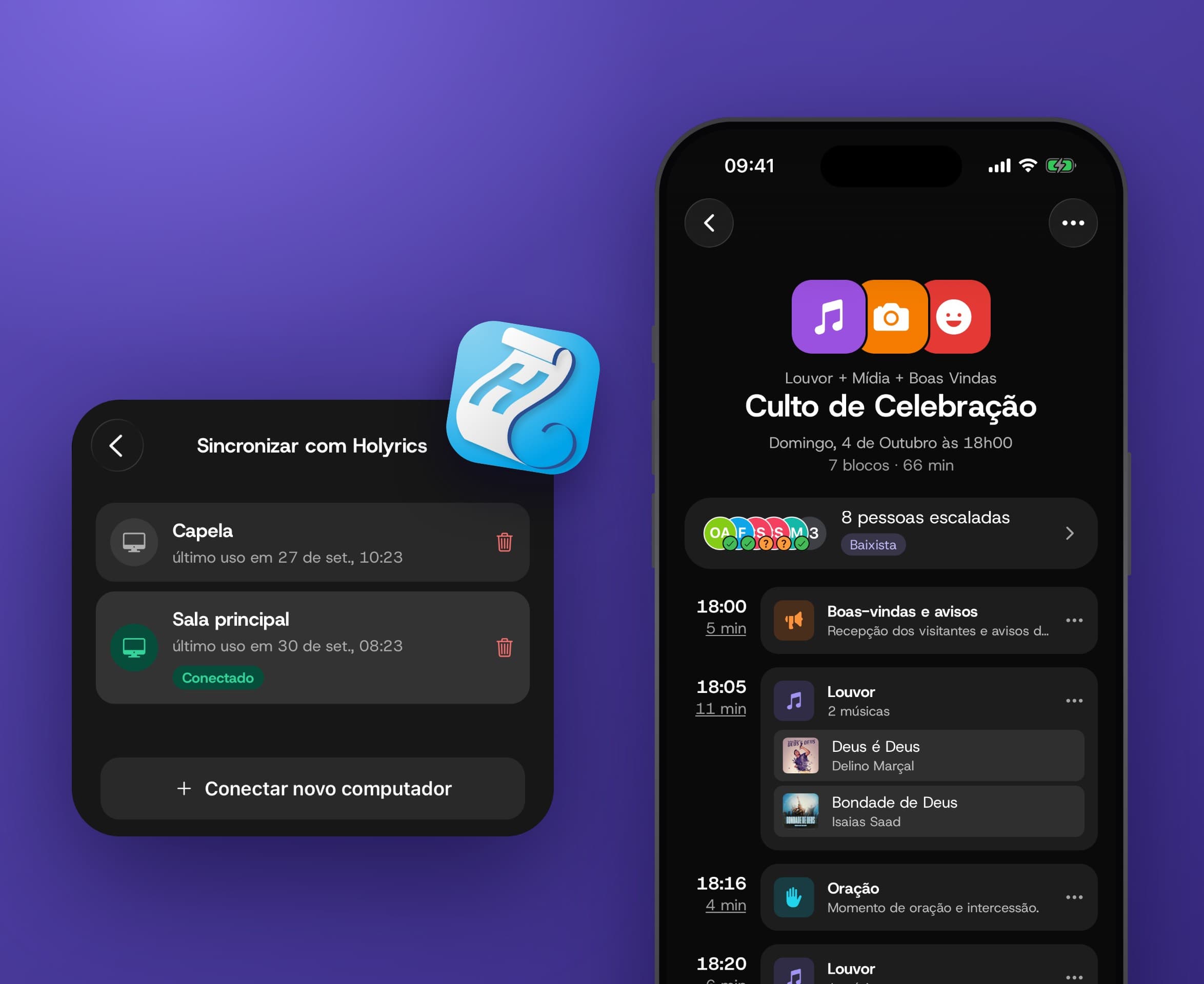 Pantalla del orden del culto en la app y el modal de sincronización con Holyrics