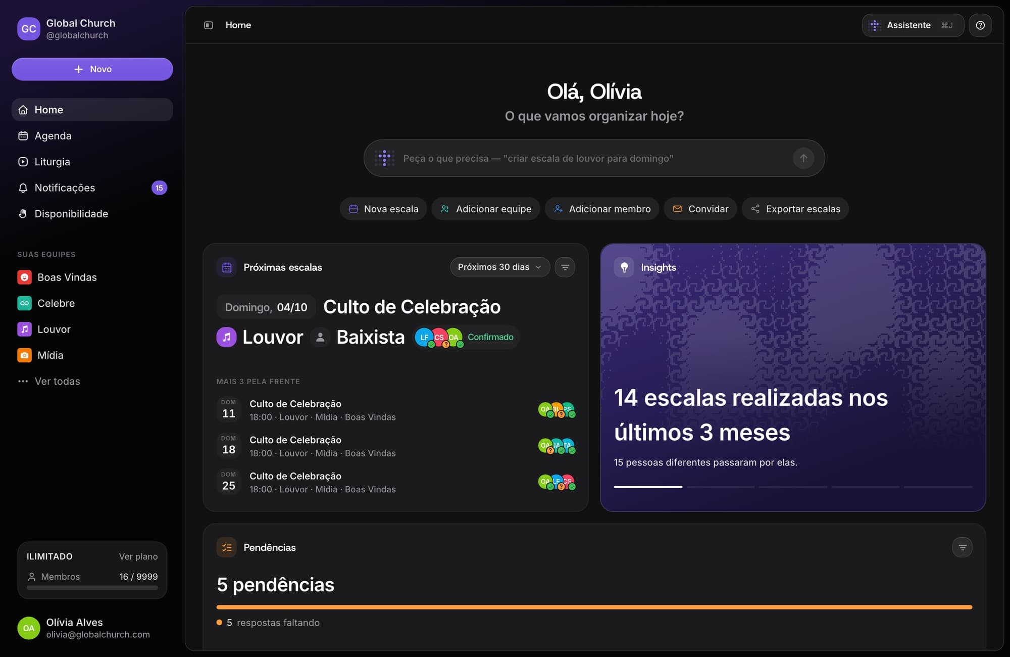 Panel web de Escala Church con equipos, próximas programaciones y ranking