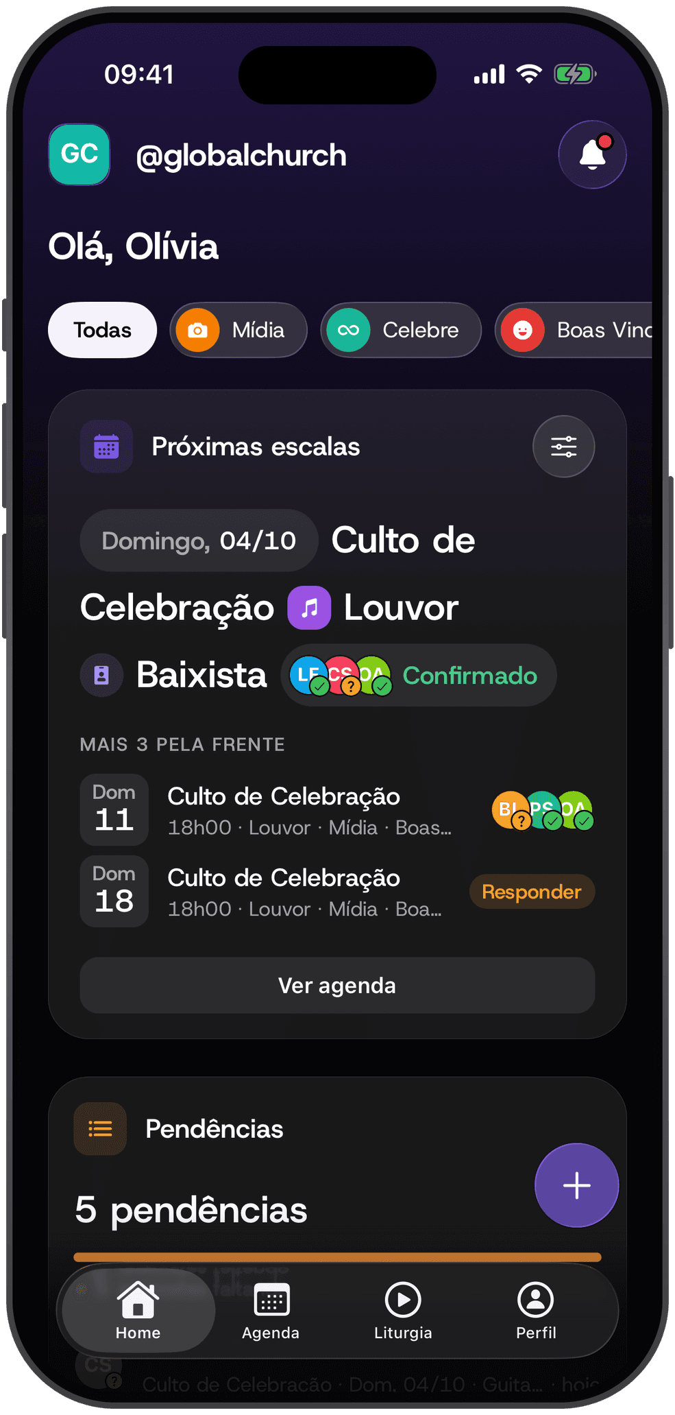 App Escala Church mostrando los equipos y las próximas programaciones